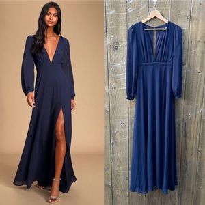 Navy Blue Chiffon Long Sleeve Open Back Maxi Dress 🌿
